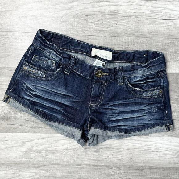 Y2k 00s Style Dark Wash Low Rise Shorts Size 7/8 Flap Pockets Bella Ellena - Picture 2 of 6